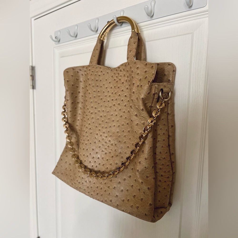Ivanka Trump Tan Ostrich-Embossed Shoulder Bag with Gold Hardware - Picture 2 of 15